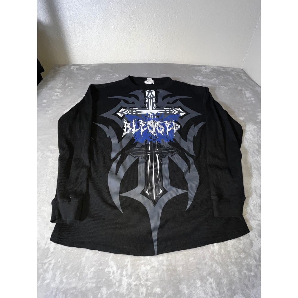 D/SET Mens Blessed Cross Graphic Thermal Shirt Black Y2K Gothic XL MT61123